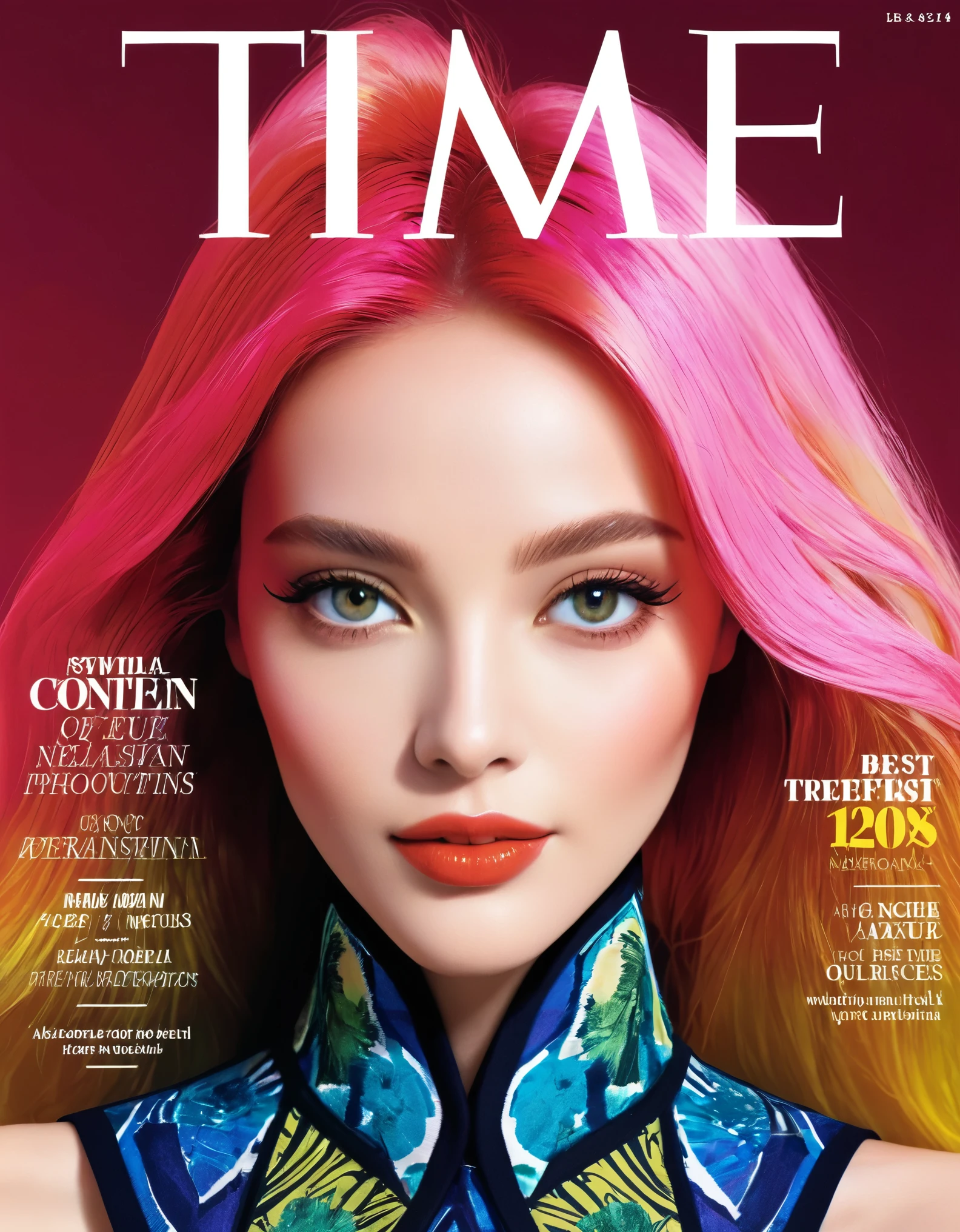 Magazine cover, esthetic, Time Magazine, (A girl with) vibrant colorful hair, Eye-catching pose, stylish clothes, confident smile, Dynamic background, (Haute Couture),(realisti),(studio lighting), (best quality,4K,highres), (portrait), (best quality,4K,8k,highres,​masterpiece:1.2),Ultra-detail,(realisti,photorealisti,photo-realisti:1.37), glossy finish, bright colours, captivating design, Professional models, Iconic logo, Striking typography, Dynamic layout, eye-catching headlines, Fashion Forward, Avant-garde style, innovative concepts, influential personalities, Trend-setting fashion, detailed articles, thought-provoking content, Modern lifestyle, cultural influence, timeless charm, stylish accessories, glamorous photo shoots, international appeal, Diverse perspectives, High-Fashion-Editorials, Exclusive interviews, first-class journalism, exquisite craftsmanship, visual storytelling, captivating cover story, captivating images, iconic fashion brands, Avantgardistisches Make-up, luxurious fabrics, elegant patterns, High quality printing, sophisticated layout, Trendprognose, inspiring pictures, breathtaking artistic direction, Required reading.