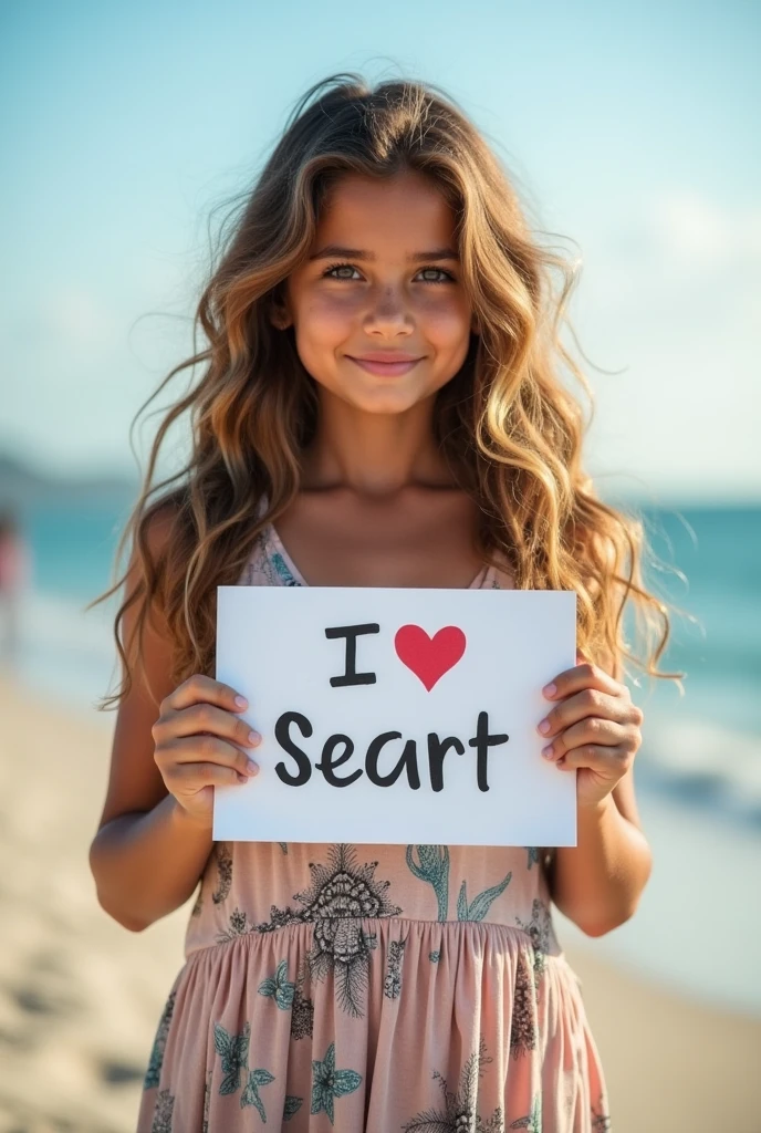 Beautiful girl with wavy long hair, bohemian dress, holding a white board with text "I Love Seaart " and showing it to the viewer