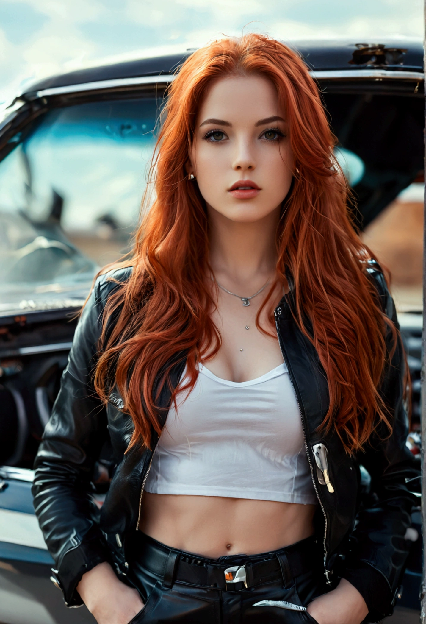 ultra realistic, photography, long red hair, girl, 24 years old, hourglass figure, perfect body, small breasts, Flirty look, extremely detailed artgerm, in the style artgerm, facing the camera, lens 35 mm, blur background, black chevrolet camaro SS 1968, she is standing next to the car, leather jacket, tight tshirt, tight leatherpants, leatherboots, 