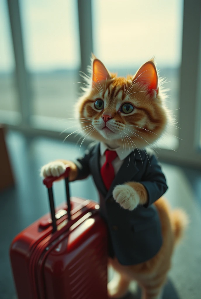 35mm lens,Multiple angles,Beautiful Cat,cute,sexly,Personification,Back,Side,silhouette,Overhead shot,Cat,Standing,Doll,Airline stewardess,Trolley case,,AIRPORT,Airline stewardess, cloak,Ruan Jia,,Work clothes,tie, (Delicate face), (Fine fluffy fur),(35mm Cinema Lens),(Multi-angle shooting),(many viewing angles)