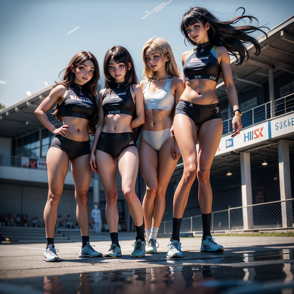 two 23-year-old female athletes, 2girls, stunningly beautiful, Pretty round face, easy smile, blaue Augen, tiefschwarzes Haar, detailliertes Gesicht, detailed facial features, feine detaillierte Haut, kurze Sporthose, Athletic and trained body, Brust an Brust, breite Schultern, athletisches Aussehen, super detailliert, awards winning, best qulaity, hight resolution, 8K