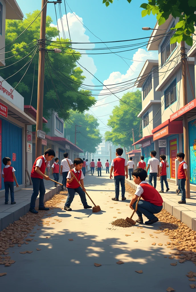 Here's the image of Bangladeshi students engaged in various community activities, including road repair, traffic management, and wall painting. Let me know if you need any adjustments or if there's anything else you'd like!