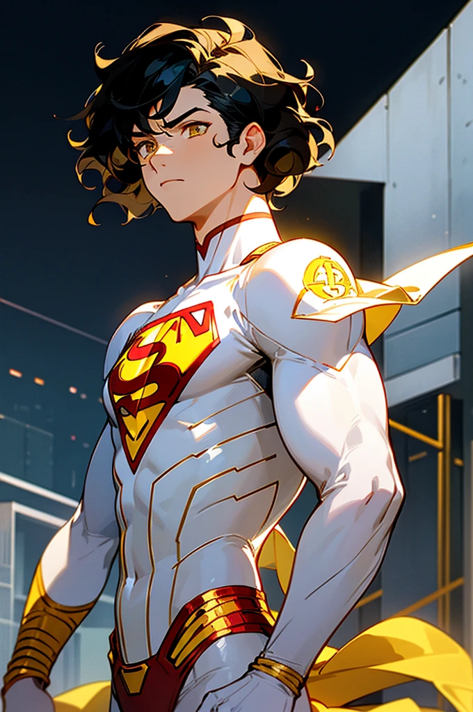 1male , Low taper fade , wavy hair ,short hair, black Hair , golden Eyes , Lean , male , white Body Suit , Serious Expression , Modern City Background , Yellow S symbol on chest, modern city background, upper body, superman shirt, arm, white arm sleeves, superhero suit, Superman S Symbol