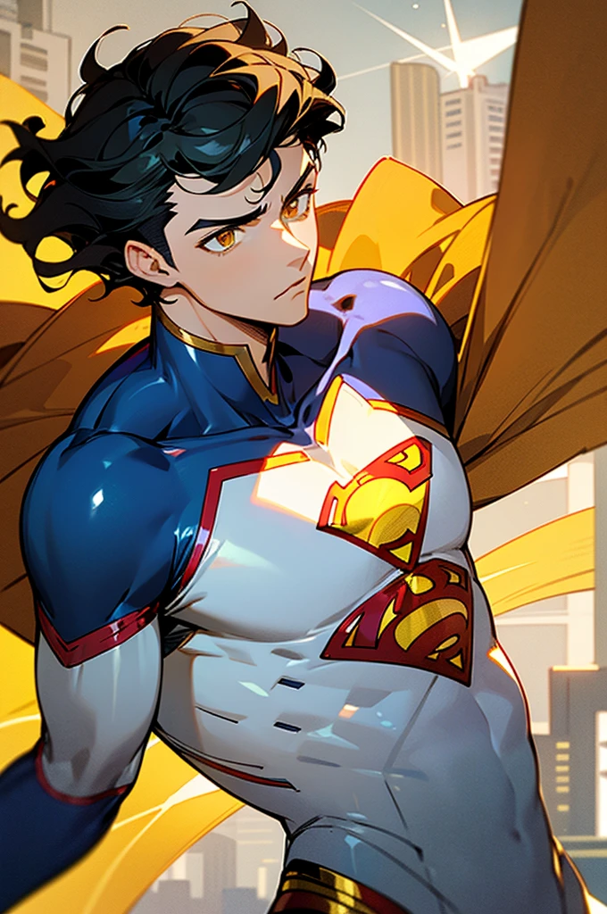 1male , Low taper fade , wavy hair ,short hair, black Hair , golden Eyes , Lean ,teen male , white Body Suit , Serious Expression , Modern City Background , Yellow S symbol on chest, modern city background, upper body, superman shirt, arm, white arm sleeves, superhero suit, Superman S Symbol