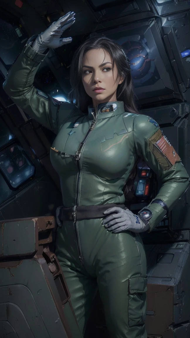 (((masterpiece,Highest quality,In 8K,Very detailed,High resolution,Anime Style,absolutely))),A female pilot of the Earth Federation Forces is standing..,((Look at me 1.5)),((seriously:1.4)),(((Salute with your right hand:1.5))),((Place your left hand on your hip:1.5))),(alone:1.5),Asian Woman,(((The background is the interior of a dark spaceship..:1.5))),((Blur the background:1.5)),break(Wear a fitted pilot suit:1.5),(Beautiful woman:1.5),(Detailed facial depiction:1.5),(Big Breasts),(wallpaper:1.5),(whole body:1.5),(((Looking down:1.5)))