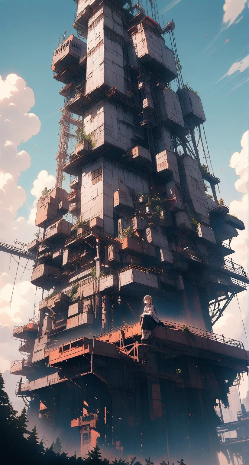 Woman sits on tall powerplant