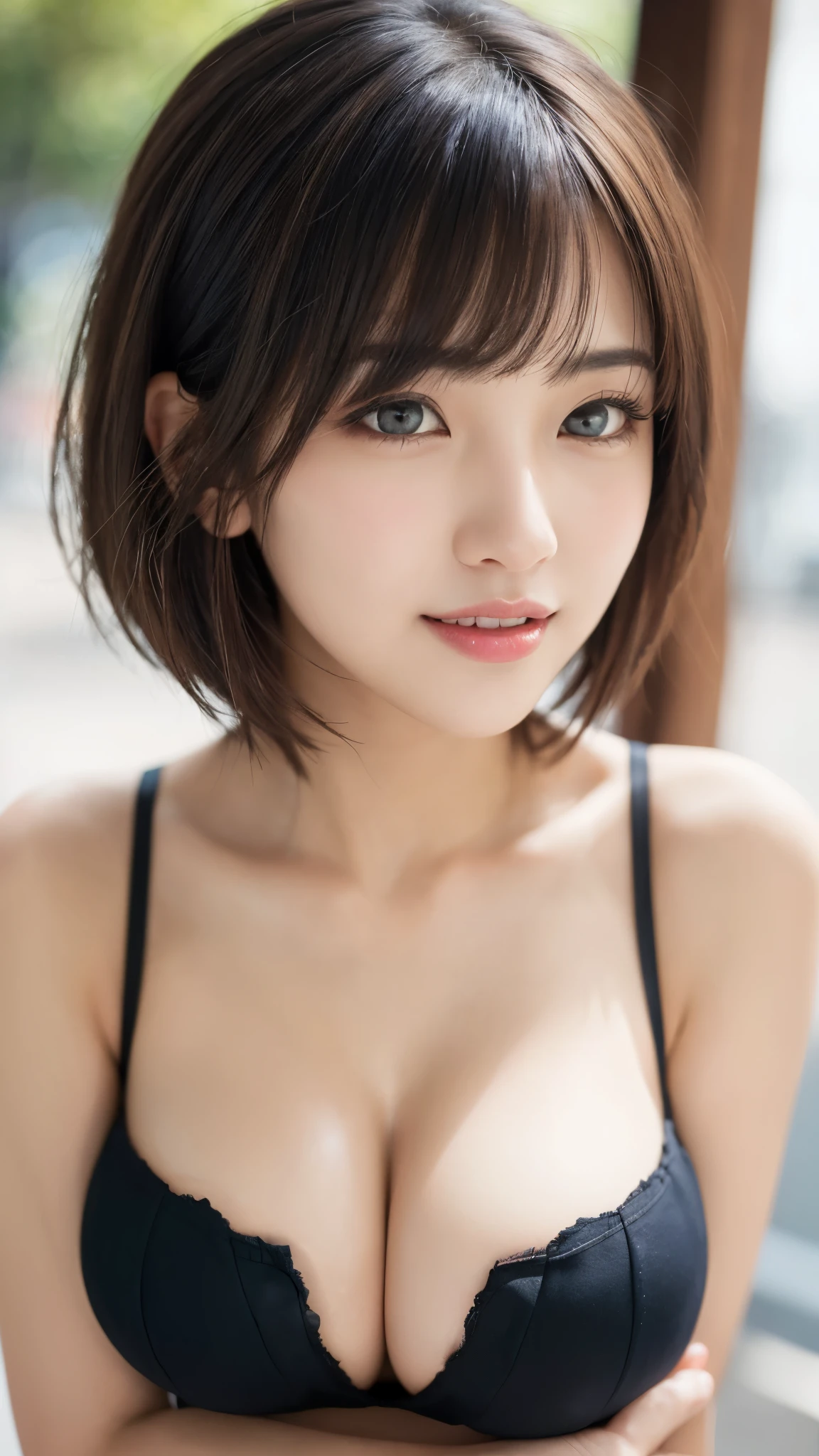 (masterpiece:1.3), high resolution, ultra detailed, extremely detailed CG unity 16k wallpaper, realistic, photo-realistic, RAW photo, super fucking beautiful detailed face, natural makeup, pale skin, realistic glistening skin, detailed cloth texture, detailed hair texture, beautiful detailed fullbody, Perfect female body, accurate, Anatomically correct, Highly detailed face and skin texture, natural neck length, (beautiful hands), (fair skin:1.1), (well-aligned teeth:1.1), ((beautiful breasts, cleavage:1.3)), (Perfect dynamic composition, looking at viewer, cowboy shot), (Random and sexy poses:1.3),
BREAK,
Detailed eyes, symmetric eyes, Light Brown eyes, Double eyelids, Thin eyebrows, (Glossy lips:1.4), ((A face with waiting for a kiss:1.2)), (blush:1.1), (A sparkling small hair accessory:1.1), (beautiful smile:1.1), (sweat skin,blush:1.2),
BREAK,
((short hair, bob, Dark blonde hair, bangs:1.2)), (park, Random and cute wear:1.3)