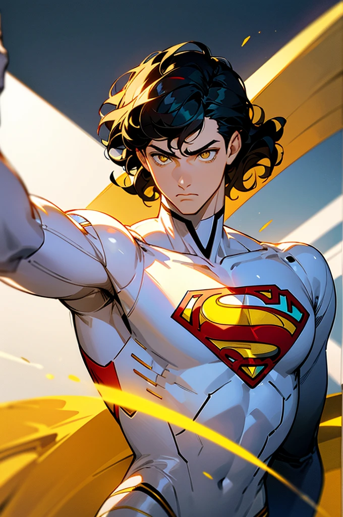 1male , Low taper fade , wavy hair ,short hair, black Hair , golden Eyes , Lean , male , white Body Suit , Serious Expression , Modern City Background , Yellow S symbol on chest, modern city background, upper body, superman shirt, arm, white arm sleeves, superhero suit, Superman S Symbol, no cape