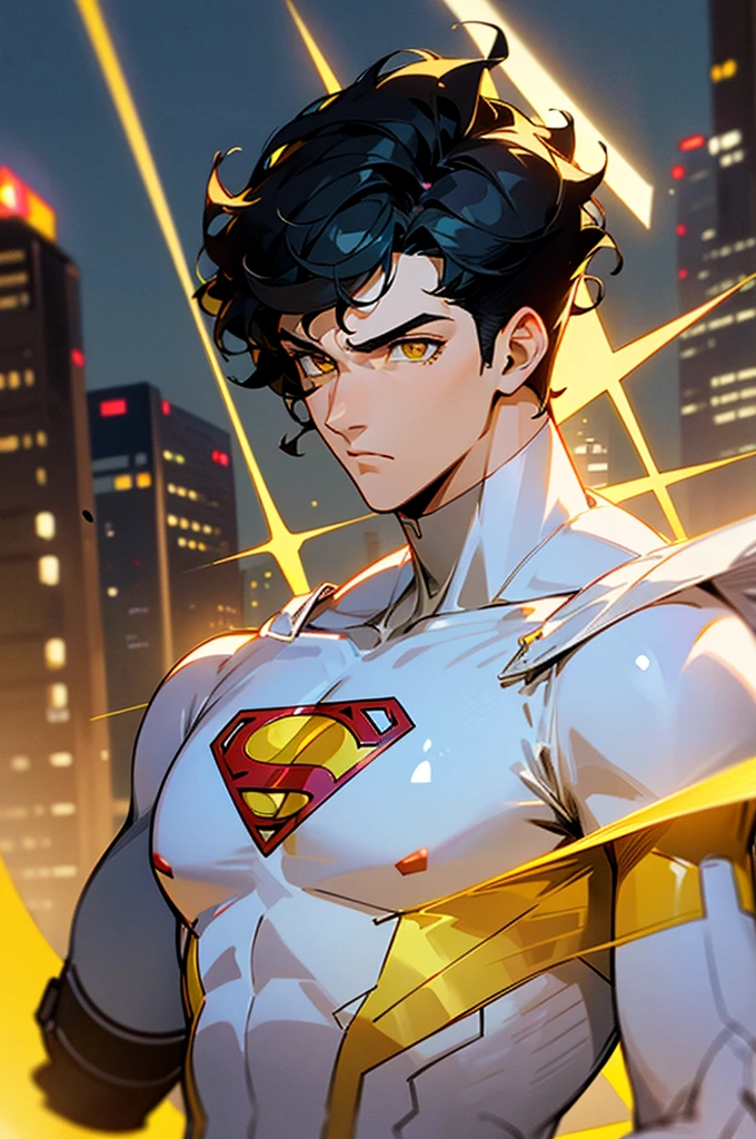 1male , Low taper fade , wavy hair ,short hair, black Hair , golden Eyes , Lean , male , white Body Suit , Serious Expression , Modern City Background , Yellow S symbol on chest, modern city background, upper body, superman shirt, arm, white arm sleeves, superhero suit, Superman S Symbol, no cape