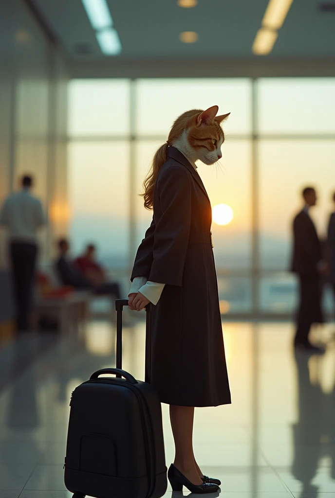 35mm lens,Multiple angles,漂亮的Cat,cute,Sexy,Personification,Back,side,silhouette,Overhead shot,Cat,Standing,doll,Airline stewardess,Trolley case,,AIRPORT,Airline stewardess, cloak,Ruan Jia,,Work clothes,tie, (Delicate face), (Fine fluffy fur),(35mm Cinema Lens),(Multi-angle shooting),(many viewing angles)