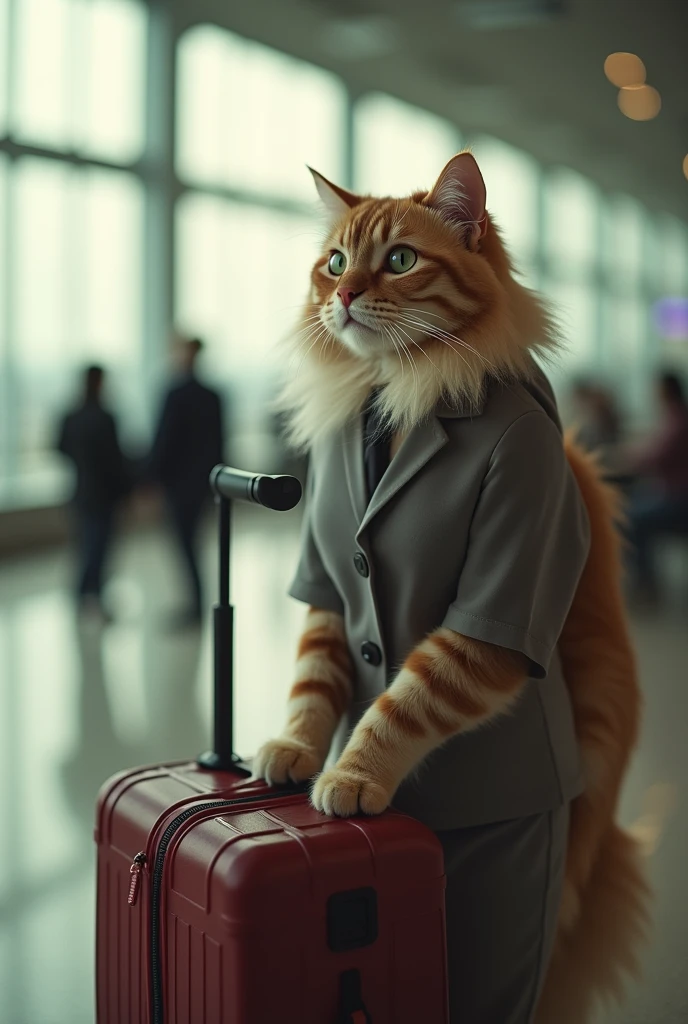 35mm lens，Multiple angles，漂亮的Cat，cute，Sexy，Personification，Back，side，silhouette，Overhead shot，Cat，Standing，doll，Airline stewardess，Trolley case，，AIRPORT，Airline stewardess， cloak,Ruan Jia,，Work clothes，tie, (Delicate face), (Fine fluffy fur)，（35mm Cinema Lens），（Multi-angle shooting），（many viewing angles）