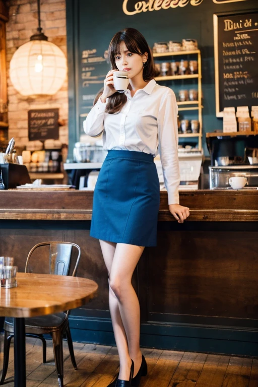 A beautiful girl is having a coffee in a vintage coffeeshop, professional light, wearing office dress, white shirt, blue skirt, A high resolution, perfect anatomy, one girl only, single girl, 1girl, solo, (advanced facial details), A high resolution, beautiful, masterpiece, best quality, photorealistic, photorealistic perfect body v.1.1