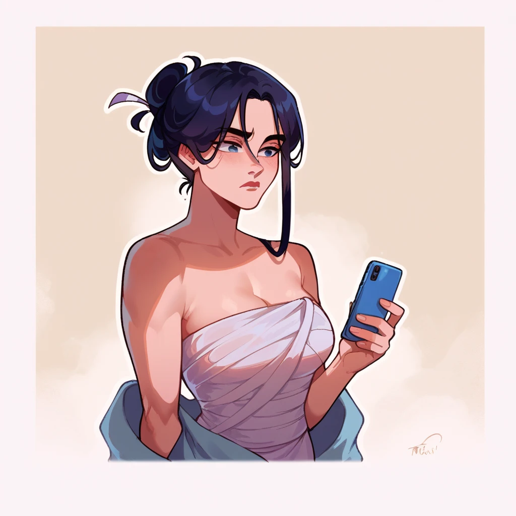 score_9_presence, score_8_up, Mulan, wrapped in towel, medium breasts, holding phone