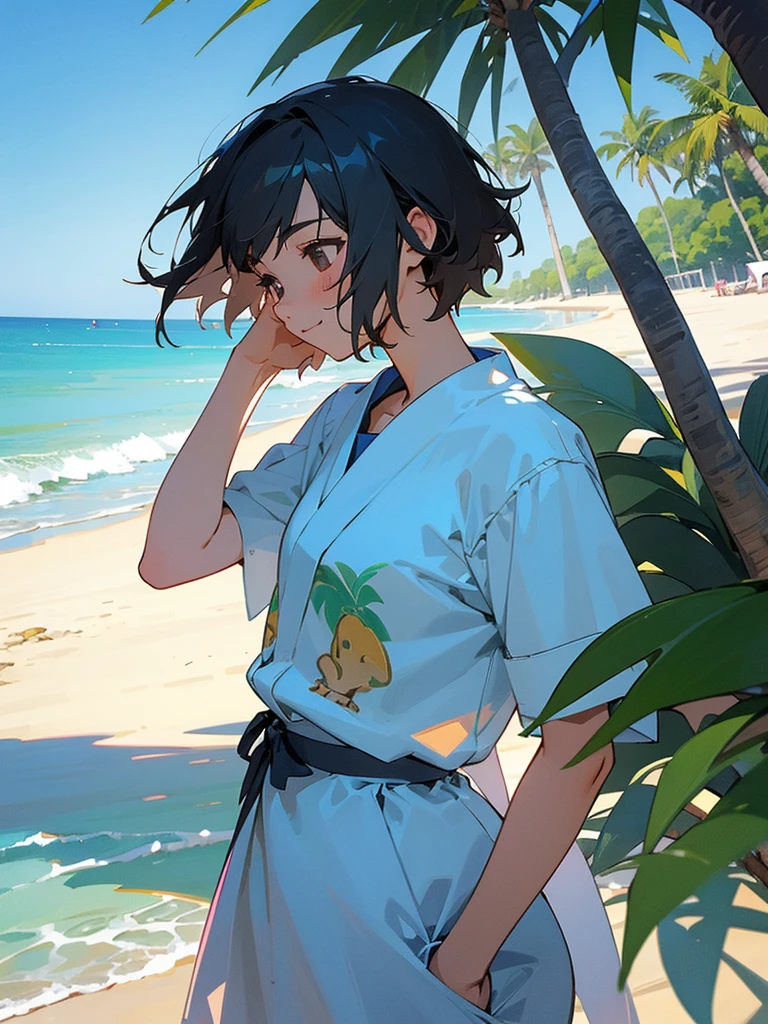 master piece, best quality, for below, cinematic angle, upper body , pigeon toed,
Anime-style Moe illustration, yuri, summer vacation theme, 20-year-old, 2Girls, Beach,Tree Shade, short hair,
Summer Casual, slightly inner thighs, smile, accurate drawing, Active pose, Active Angle,