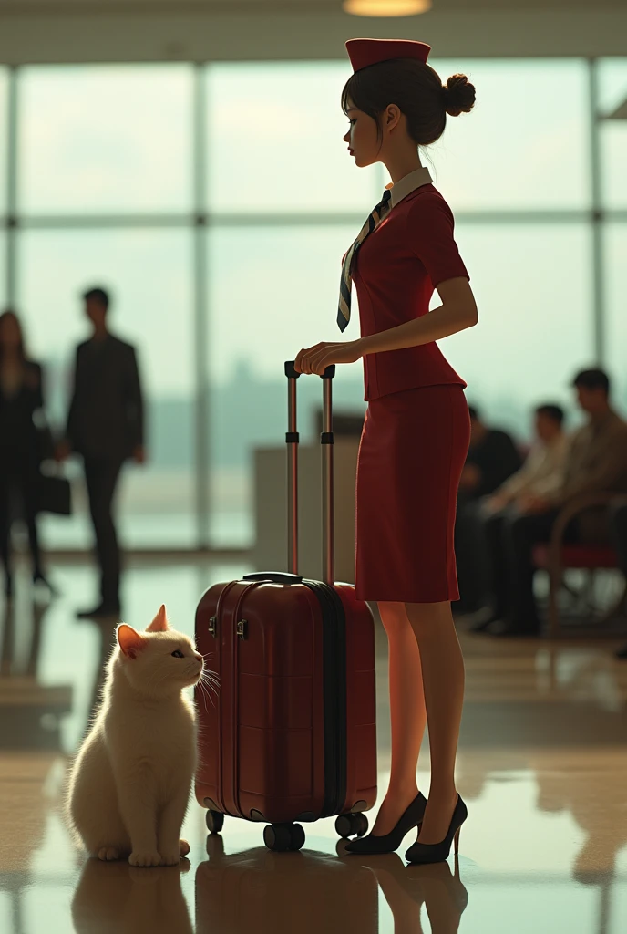 35mm lens，Multiple angles，漂亮的Cat，cute，Sexy，Personification，Back，side，silhouette，Overhead shot，Cat，Standing，doll，Airline stewardess，Trolley case，，AIRPORT，Airline stewardess， cloak,Ruan Jia,，Work clothes，tie, (Delicate face), (Fine fluffy fur)，（35mm Cinema Lens），（Multi-angle shooting），（many viewing angles）