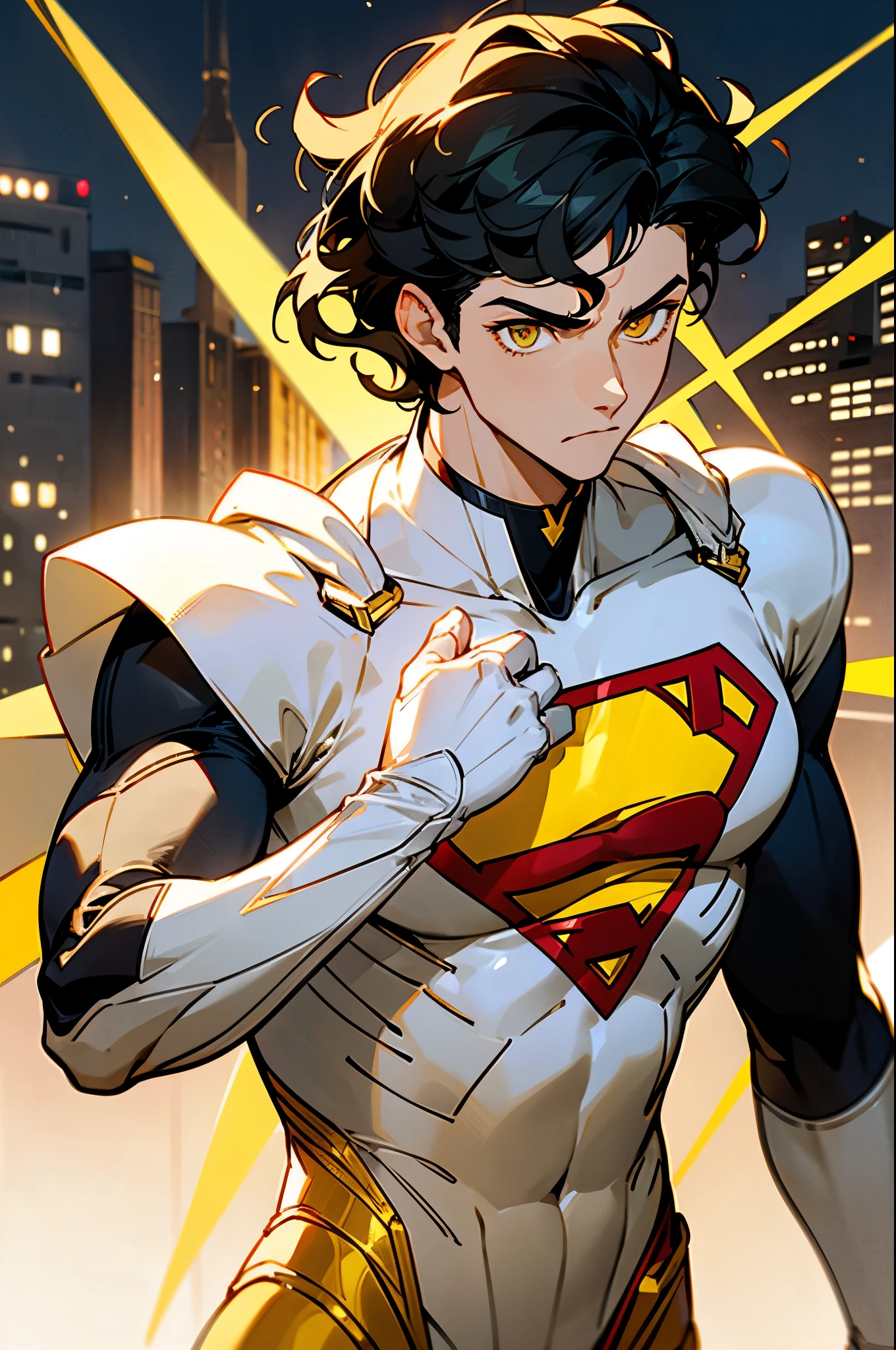 1male , Low taper fade , wavy hair ,short hair, black Hair , golden Eyes , Lean ,teen male , white Body Suit , Serious Expression , Modern City Background , Yellow S symbol on chest, modern city background, upper body, superman shirt, arm, white arm sleeves, superhero suit, Superman S Symbol