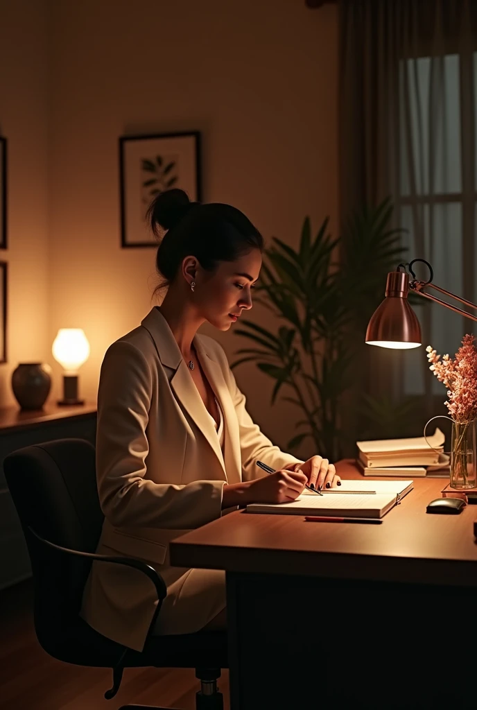 A classy and sassy woman working with a dim lit room with an aesthetic work space.