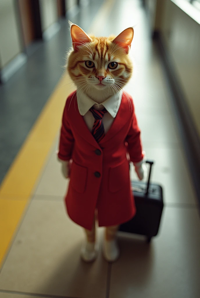 35mm lens,Multiple angles,漂亮的Cat,cute,Sexy,Personification,Back,side,silhouette,Overhead shot,Cat,Standing,doll,Airline stewardess,Trolley case,,AIRPORT,Airline stewardess, cloak,Ruan Jia,,Work clothes,tie, (Delicate face), (Fine fluffy fur),(35mm Cinema Lens),(Multi-angle shooting),(many viewing angles)