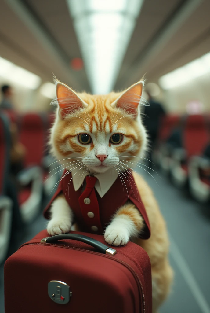 35mm lens,Multiple angles,漂亮的Cat,cute,Sexy,Personification,Back,side,silhouette,Overhead shot,Cat,Standing,doll,Airline stewardess,Trolley case,,AIRPORT,Airline stewardess, cloak,Ruan Jia,,Work clothes,tie, (Delicate face), (Fine fluffy fur),(35mm Cinema Lens),(Multi-angle shooting),(many viewing angles)