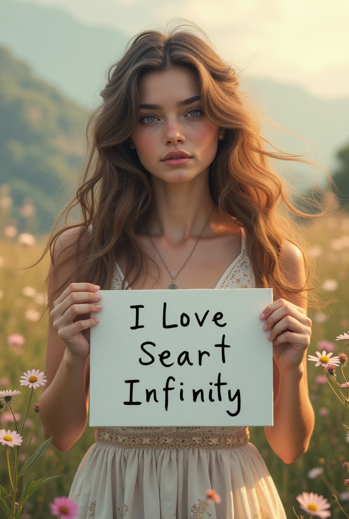 Beautiful girl with wavy long hair, bohemian dress, holding a white board with text "I Love Seaart Infinity" and showing it to the viewer