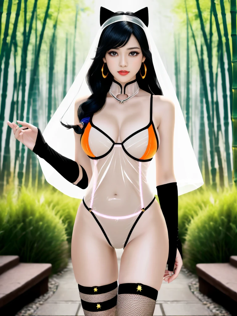 A female model, (Race:Chinese),((night, bamboo forest, moonlight, rain)), (8K Ultra HD, 8K, Ultra-high resolution, best quality, masterpiece, Surrealism, Digital SLR Camera, Soft Light, Bokeh, Masterpieces), ((((Beautiful model-like face))), (Creating the image of a real girl), warm light, Realistic shadows, Dynamic poses, Elegant Posture, Cowboy lens, Full body front view, Be confident, Body facing the camera, Standing facing the camera, Open your legs slightly, Golden Ratio Graphics, Minimalism), (Happy smile, Big watery eyes, Cherry Blossom, Balanced Eyes, Perfect beautiful face, Normal facial features, Realistic skin, Attention to skin details, Skin is clean and radiant, Whitening, Perfect body, cosmetic, earrings, bracelet, necklace, Jewelry, veil, Hair accessories, Headdress), ((beautiful hair), black hair, Wavy curly hairstyle, Waist-length hair, Messy Hairstyle, Gradient hairstyles, Cyberpunk hairstyle), ((Transparent clothes:1.5), (The color of the clothes: light orange), Transparent Clothes, See-through clothes, Transparent Clothes, Tulle clothes, Mesh clothes, Transparent sci-fi clothes, Shiny micro bikini bra, (Clothes that accentuate your bust shape)), (Sexy的, Perfect breast shape, Teardrop chest shape, Snow-white breasts, very detailed breasts, 34E cup), (Super high waist, Deep V, Low-cut, Sexy, Flattering, , (Camel toe, High fork strangulation)), (sock, Knee socks, 吊garter, Leg ring, garter, 腿部garter), (style:Sexy)