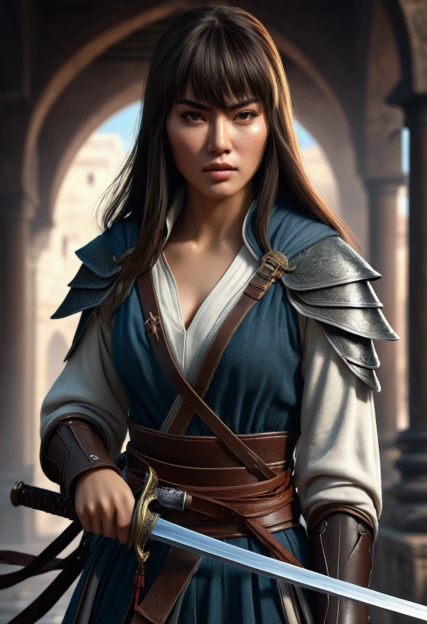 (high quality), (masterpiece), (detailed), 8K, Hyper-realistic portrayal of a assasin holding a sword details bring the character to life in this visually stunning composition, showcasing the seamless blend of tradition and innovation. Trending on Artstation. A girl with bangs and long hair and a high mose bridge