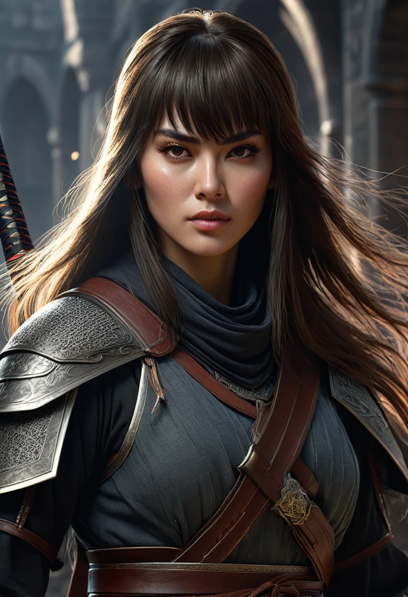 (high quality), (masterpiece), (detailed), 8K, Hyper-realistic portrayal of a assasin holding a sword  details bring the character to life in this visually stunning composition, showcasing the seamless blend of tradition and innovation. Trending on Artstation. A girl with bangs and long hair and a high mose bridge 