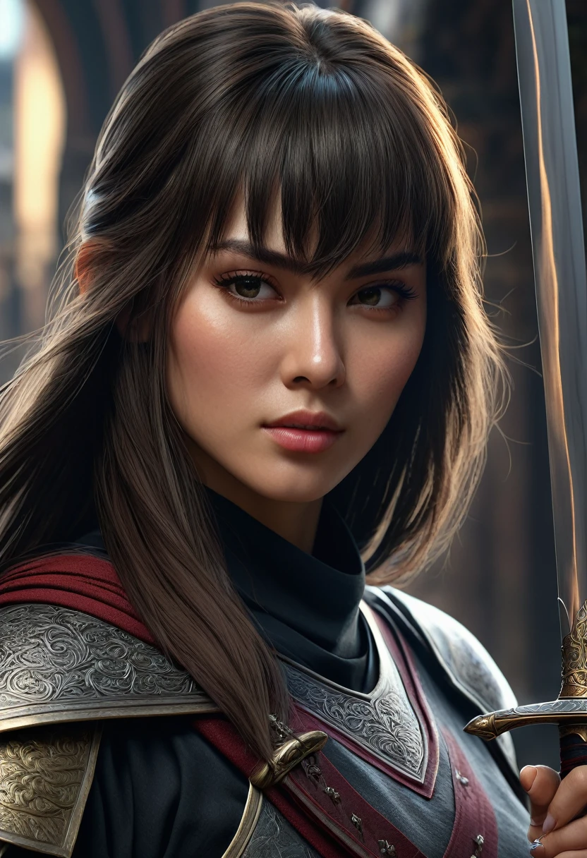 (high quality), (masterpiece), (detailed), 8K, Hyper-realistic portrayal of a assasin holding a sword details bring the character to life in this visually stunning composition, showcasing the seamless blend of tradition and innovation. Trending on Artstation. A girl with bangs and long hair and a high mose bridge