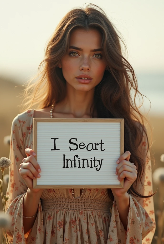 Beautiful girl with wavy long hair, bohemian dress, holding a white board with text "I Love Seaart Infinity" and showing it to the viewer