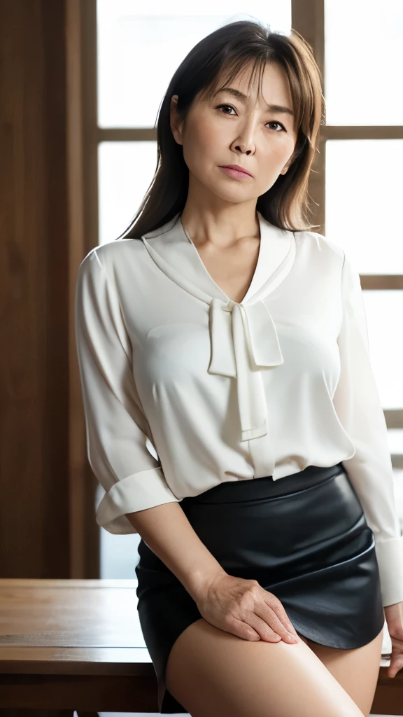High resolution, High resolution, Attention to detail, masterpiece,(loose body), Anatomically correct, sharp, ((Japanese Mature)),(80 years old:1.3),((Facial wrinkles)),Sagging breasts,Fair skin, Dark Brown Hair,(Long Hair), bangs,(((Stand upright, facing the center))),Look at the photographer, Looking Ahead,(White blouse:1.4),(Tight Skirt:1.2),(Sitting),(Thighs:1.4),Inside the warehouse,(Serious expression),(old woman:1.2),Mature politician