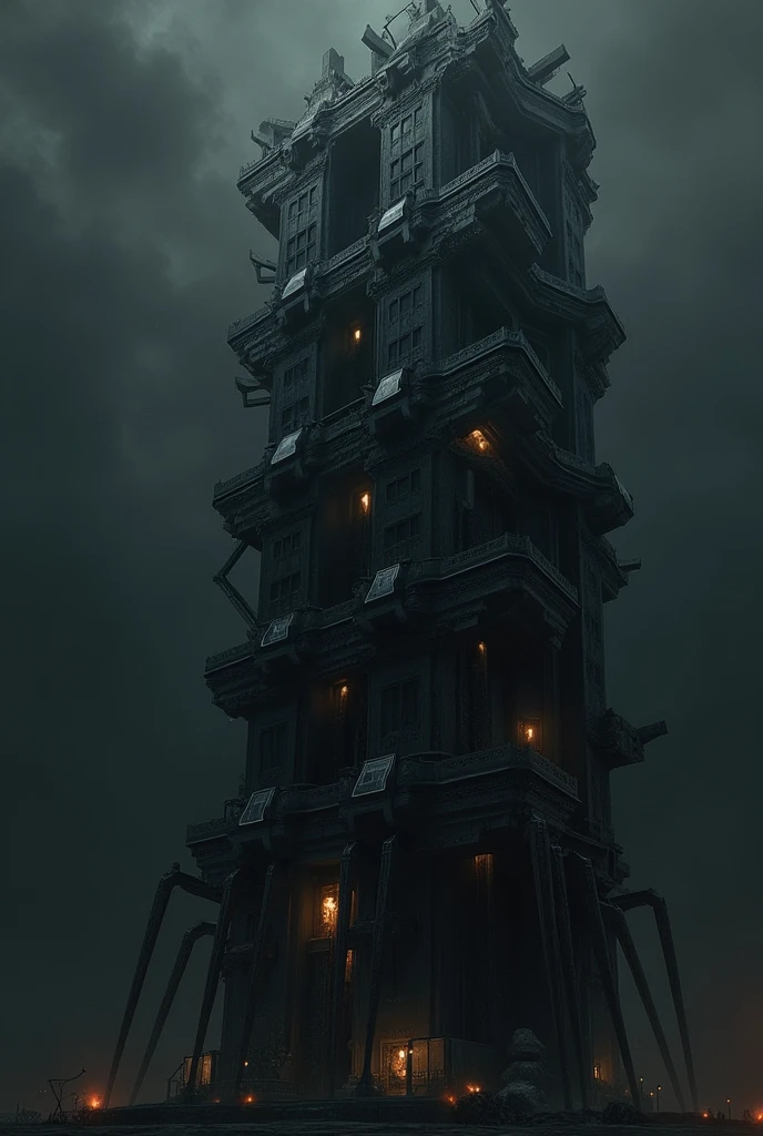 Made me a high rise building with a shape of centipede with dark back ground