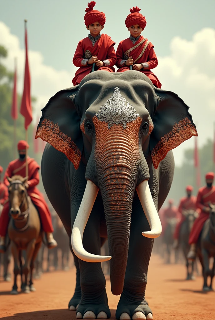 Two young male children of Tipu Sultan aged 7 and 10 wearing red cotton turbans and gown of the 18th century Indian costumes sitting on back of a gigantic elephant in a decorated silver Hooda. A old mahooth sitting on the head of the elephant is controlling and coming out of the gates of Srirangapatna. Tipu Sultan's cavalry and camel mounted soldiers are following them as part of the procession. The whole seen is in UHD resolution from the ground level shot in Very high resolution