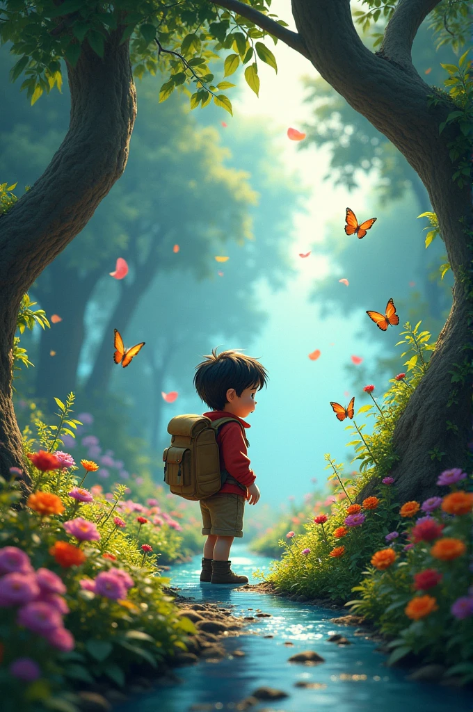 Discovery: Felix finds a hidden garden filled with vibrant flowers and sparkling streams.