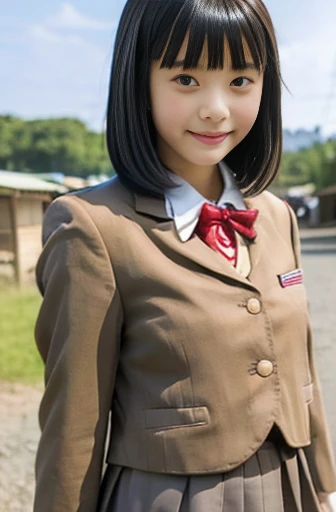 (((masterpiece))),  (Beautiful Japanese Girl, Classmate, Landscape and innocence，cute) ，Ultra-high resolution, Realistic, Ultra-detailed, 8k,Highest quality, Very detailed, Detailed Background,Slender,とてもBeautiful Japanese Girl, Detailed face:1.3), (Boyish short hair，Black-haired :1.4), (，cute系,Adorable 14 year oPerfect body:1.1),  (Brown blazer, Light brown pleated mini skirt), The best smile,show me your beautiful teeth,非常にDetailed face、Detailed lips、Detailed eyes、 gravure idol，Clear Skin、upon，Japanese high school uniform with school emblem on the chest，Carry a backpack