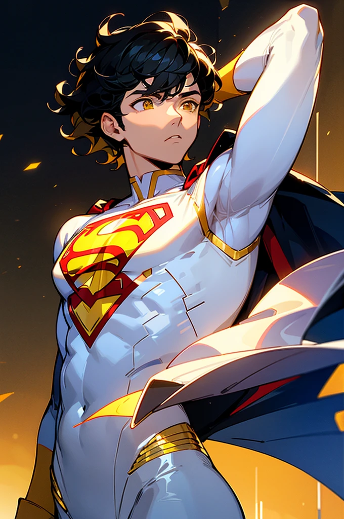 1male , Low taper fade , wavy hair ,short hair, black Hair , golden Eyes , Lean ,teen male , white Body Suit , Serious Expression , Modern City Background , Yellow S symbol on chest, modern city background, upper body, superman shirt, arm, white arm sleeves, superhero suit, Superman S Symbol, no cape