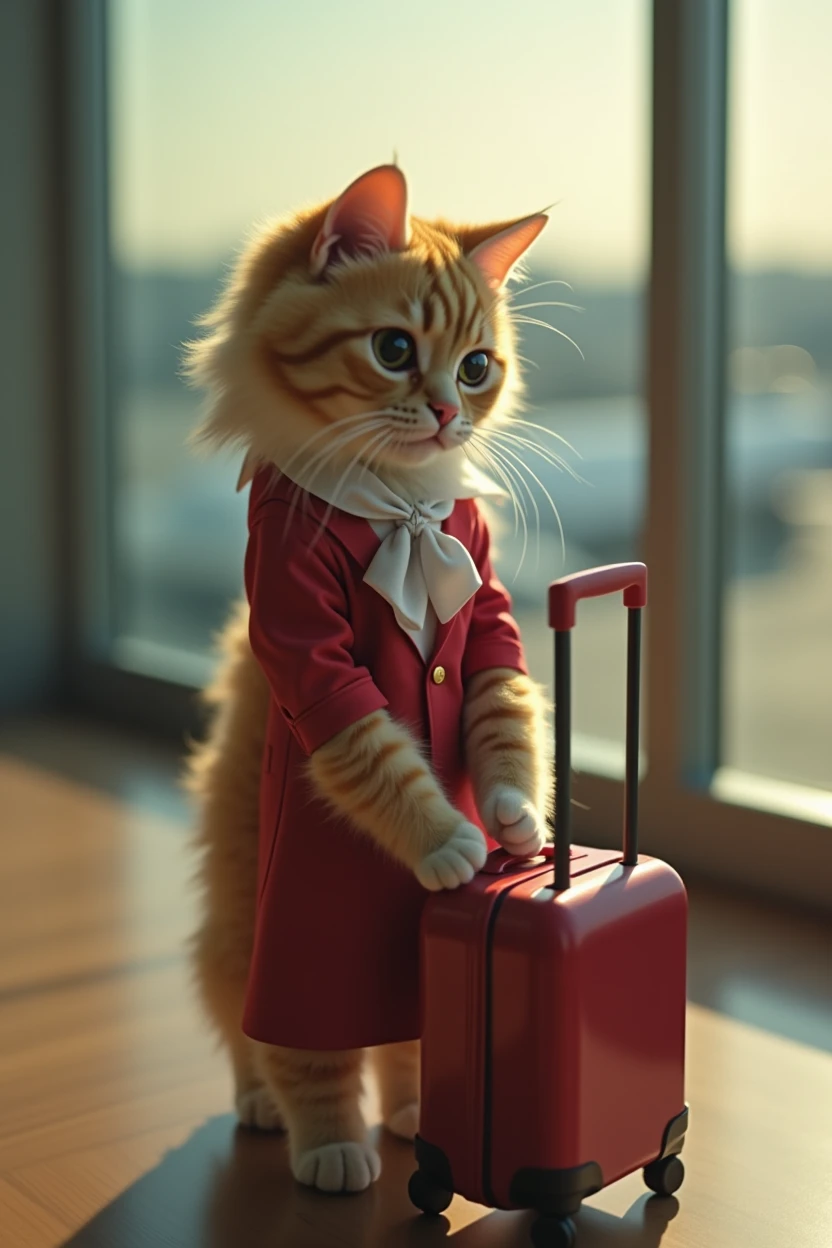 35mm lens,Multiple angles,Beautiful Cat,cute,sexly,Personification,Back,Side,silhouette,Overhead shot,Cat,Standing,Doll,Airline stewardess,Trolley case,,AIRPORT,Airline stewardess, cloak,Ruan Jia,,Work clothes,tie, (Delicate face), (Fine fluffy fur),(35mm Cinema Lens),(Multi-angle shooting),(many viewing angles)