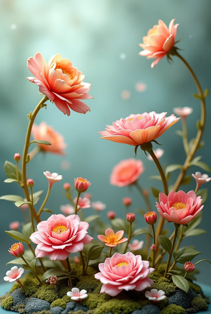 Floating in the air are magic flowers, roses, and mushroom plants in a 3D sculpture.