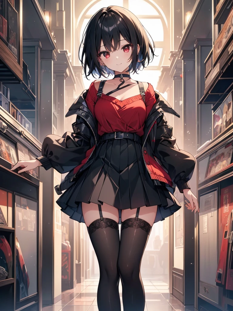 (masterpiece, highest quality, highest quality, (No text), Beautiful and aesthetic:1.2),No text,アニメ、BREAK,One Girl,Black Hair Girl adult short hair older sister choker Beautiful eyes Red eyes cool smile Black and Red Cute clothes Black jacket stockings whole body In town