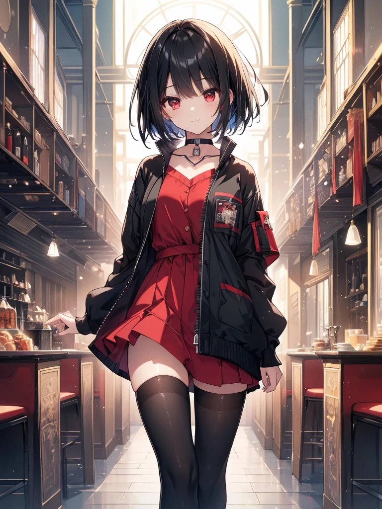 (masterpiece, highest quality, highest quality, (No text), Beautiful and aesthetic:1.2),No text,アニメ、BREAK,One Girl，Black Hair Girl　 adult　short hair　older sister　choker　Beautiful eyes　Red eyes　cool　smile　Black and Red　Cute clothes　Black jacket　stockings　whole body　In town