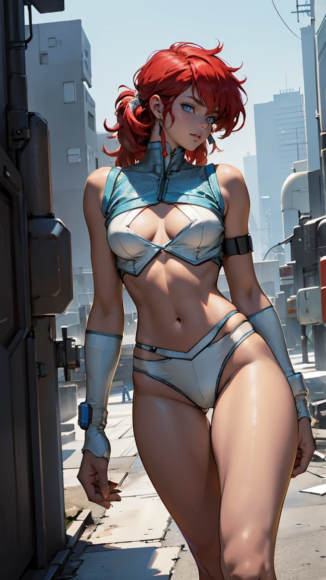 ((masterpiece, best quality; 1.3)), super quality, beautiful details, very detailed, special fine, 16,000, exquisite, absurd, high resolution, beautiful background, detailed background, beautiful eyes, beautiful skin, animation style, Kay from Dirty Fair in white outfit, tight clothes, split, Bushy red haired beauty, very light blue uniform, tight clothes을 입고, skimpy, (center of chest: 1.2), split, split, slim waist , thin waist, slim thighs, thin legs, slim legs. thigh gap, showing above, thin, thin hips, cyberpunk city background, Have a retro space gun, hair band,