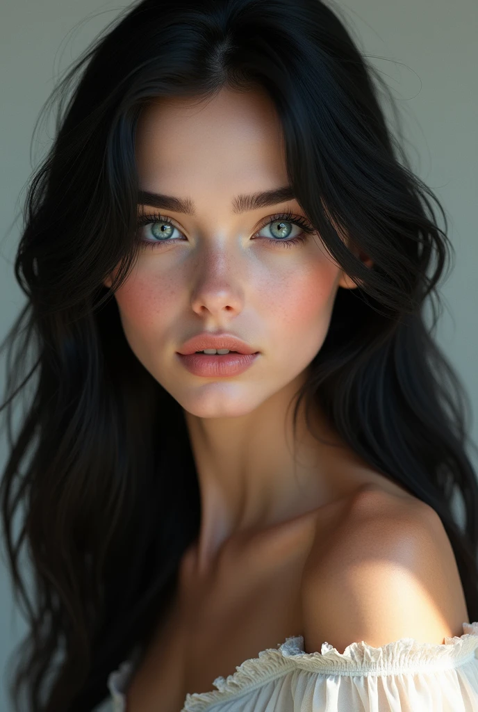 handsome white girl, she has blue eyes and black hair