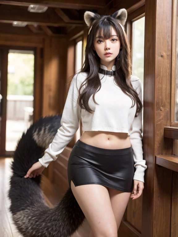 ((Highest quality, 8k)), ((masterpiece)), (Highest Resolution), Perfect Face, Raccoon-eared woman, Female college student, Beautiful woman, public, One tail, she has thick thighs, Big raccoon tail, She has a brown raccoon tail., She wags her tail, Troubled face, Fur collar, She is wearing a short skirt, Beautiful Hips , Big Breasts, The skirt is rolled up with a big tail