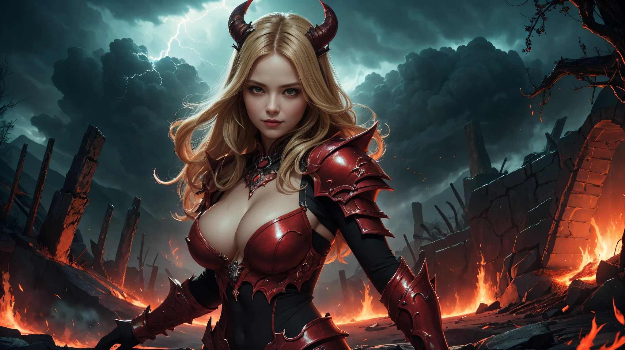 In this masterpiece, a stunning succubus warrior girl stands at the center of the frame, radiating an aura of mystique and beauty. The ultra-detailed 4K image presents her in front of the ominous (gates of hell) (with a vortex of red mana), surrounded by the fiery crater of an erupting volcano. The volumetric lighting casts a warm glow on her porcelain skin, accentuating the intricate details of her sexy demonic armor. Her long, straight blonde hair are beautiful, framing her charming smile and captivating cleavage. The spellbinding atmosphere is punctuated by (thunderstorms and flashes of red lightning) in the surreal sky, as if the very heavens are conjuring her presence. The composition masterfully balances depth and complexity, drawing the viewer's gaze to the perfect body, with its flawless anatomy and tantalizing pose.