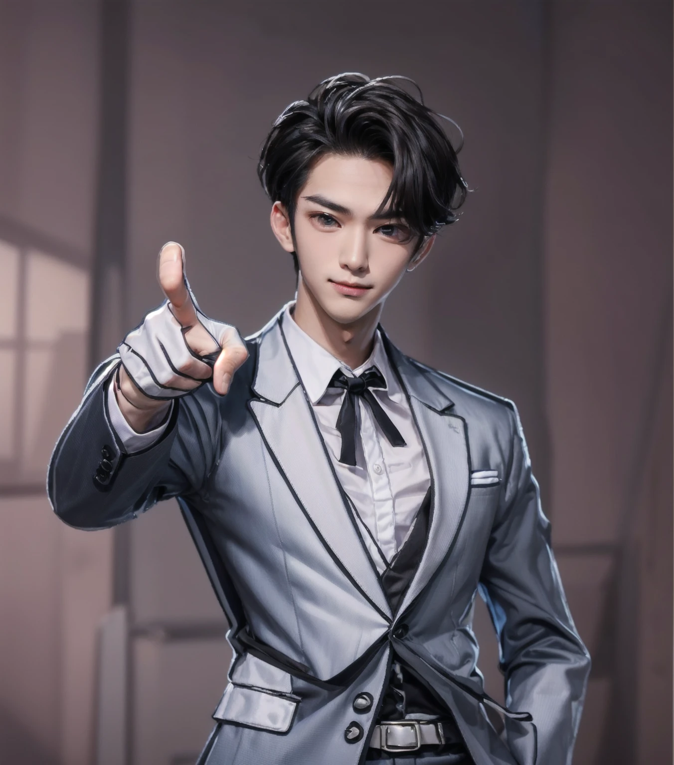((Pointing finger at me)),(fair complexion),(know), Iris,(gender: natural face),(Japanese),(long),(bow tie),(black suit), handsome young Asian male, Japanese idol style, short clean-cut hair, ((center part )), calm and confident expression, plain white background, portrait, high quality, detailed, 8K