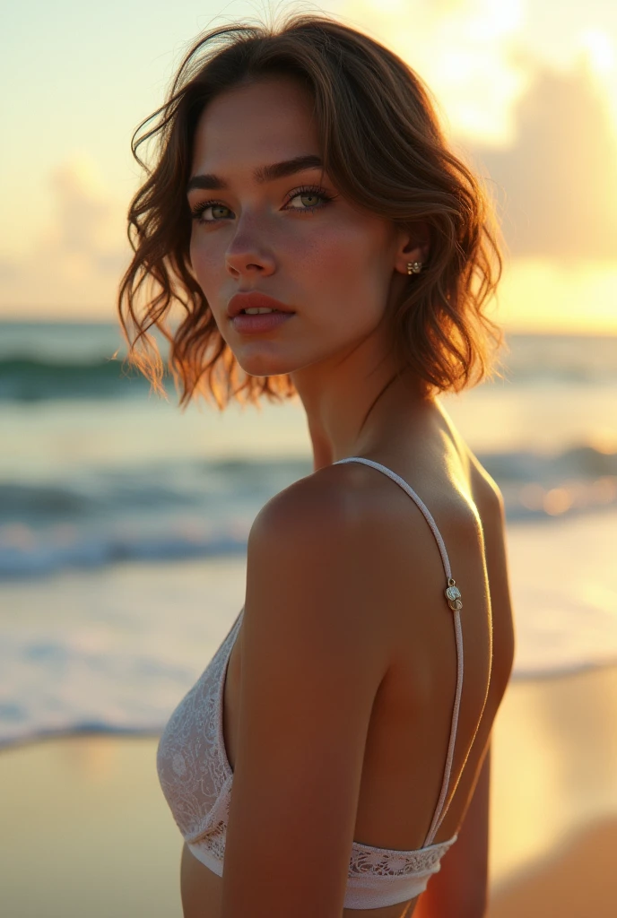 a naked girl standing by the seaside, short wavy hair, beautiful detailed eyes, beautiful detailed lips, extremely detailed face and skin, long eyelashes, serene expression, slim figure, porcelain skin, golden hour lighting, dramatic ocean waves, sandy beach, warm color palette, cinematic composition, realistic lighting and atmosphere, (best quality,4k,8k,highres,masterpiece:1.2),ultra-detailed,(realistic,photorealistic,photo-realistic:1.37)
