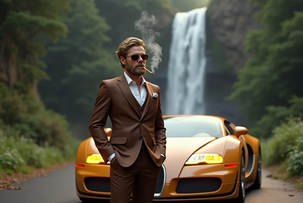 The image is a digital 3D render or test at the top that reads "Oregon life is great!" below the text is a man standing in front of a bugatti veyron. The man is dressed in a brown suit with a white shirt and brown leather dress shoes, and he has dirty blonde wavy well groomed cut hair his face has a well-groomed Beard and mustache same color as his hair , he is wearing tan sunglasses and he is smoking a joint the smoke trails waft around his head. The car is Tan with bright neon golden headlights. The background shows a waterfall and lush greenery, suggesting a natural and possibly exotic location. The overall impression is one of wealth and sophistication. , retina, accurate, masterpiece, super detail, high details, best quality, award winning, highres, HD, 4K, 8k, 16k, retina, accurate, masterpiece, anatomically correct, textured skin, super detail, high quality, award winning, highres, 8k, 16k