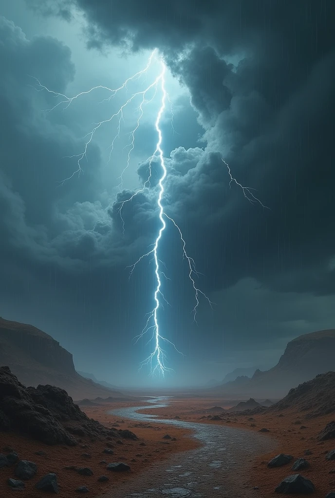 Celestial view showing torrential rain beginning to fall on a desolate land.