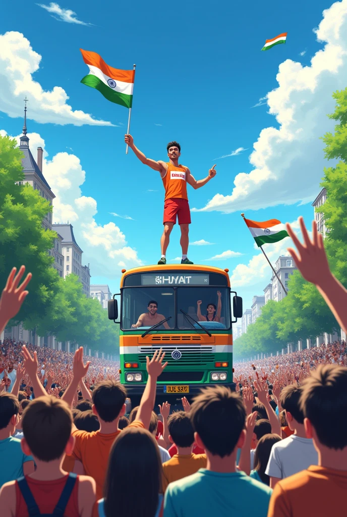 A beautiful man anime with wearing indian tricolor, celebrating with silver medal in Paris Olympics,too many people sitting in ground , indian tricolor in hand,take welcome of people in open bus.
