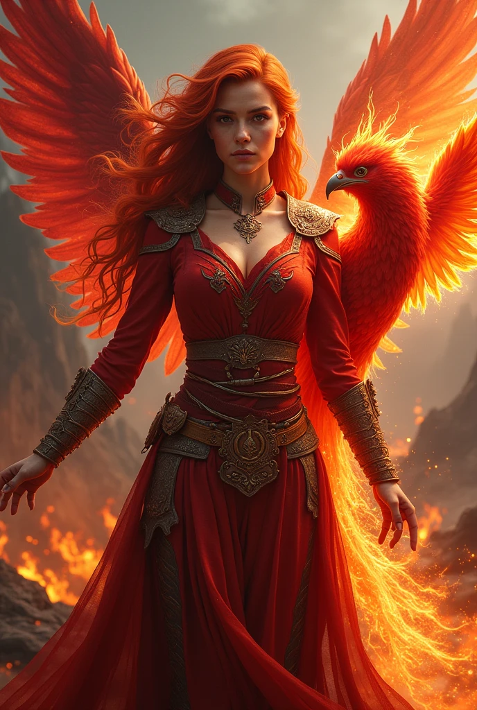 Beautiful woman with red hair and red battle clothes, she has a pet red phoenix, she is in a fireland, and she has fire in her hands