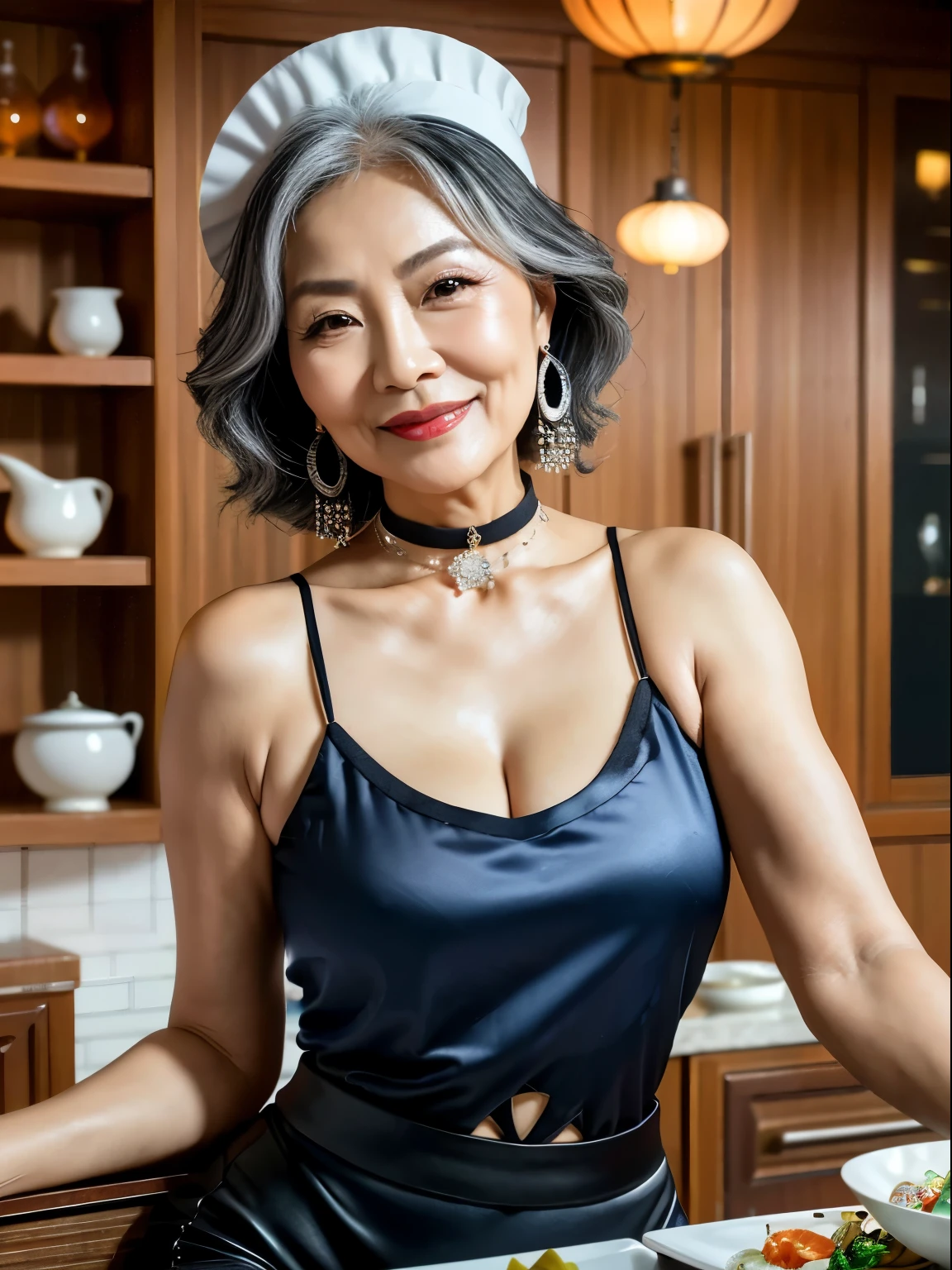 75 years old mom milf Chinese Lady large earring Big choker navel piercing decoration A bracelet Silver Hair realisitic Gorgeous Madame Beautiful Mature Woman sexly Smile Gentle woman navel piercing 4K High quality gorgeous madam beautiful mature woman fruits